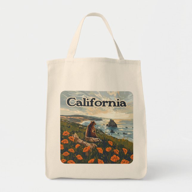 Tote Bag Californie Bear Poppies Fleurs Côte Retro (Devant)