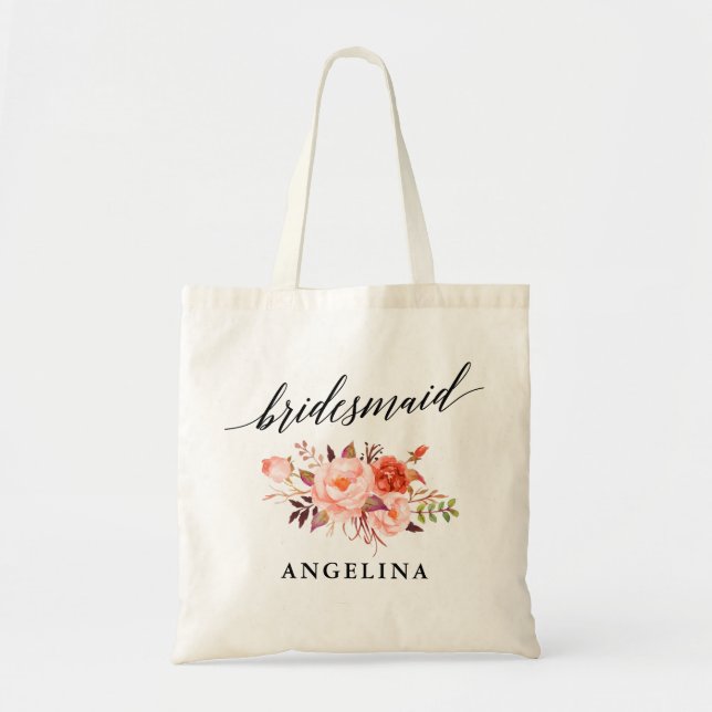 Tote Bag Calligraphie Coral Floral Bridesmaid Nom (Devant)