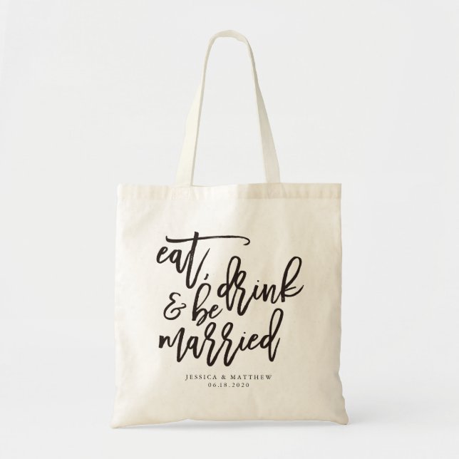 Tote Bag calligraphie de mariage Mangez, buvez & soyez mari (Devant)