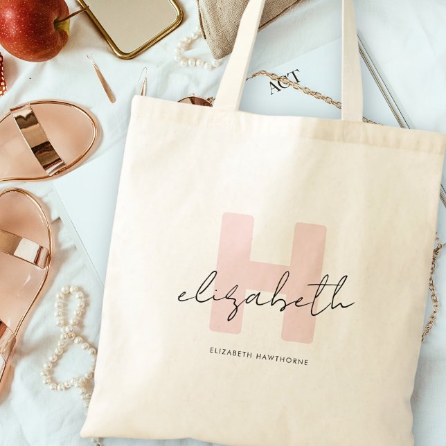 Tote Bag Calligraphie de monogramme féminin rose corail (Créateur téléchargé)