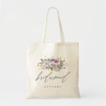 Tote Bag Calligraphie florale de demoiselle d'honneur de<br><div class="desc">Ce sac fourre-tout élégant et à la mode comporte la "demoiselle d'honneur" dans un manuscrit dénommé main-en lettres sophistiqué moderne. Accents par les fleurs lunatiques, le feuille et les roses d'aquarelle aux nuances du pourpre. Personnalisez le nom utilisant le gisement de modèle. Soyez sûr de visiter la collection pour voir...</div>