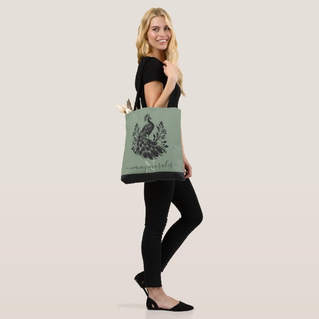 Tote Bag Calligraphie moderne paon noir sage vert dos (Sur le modèle)