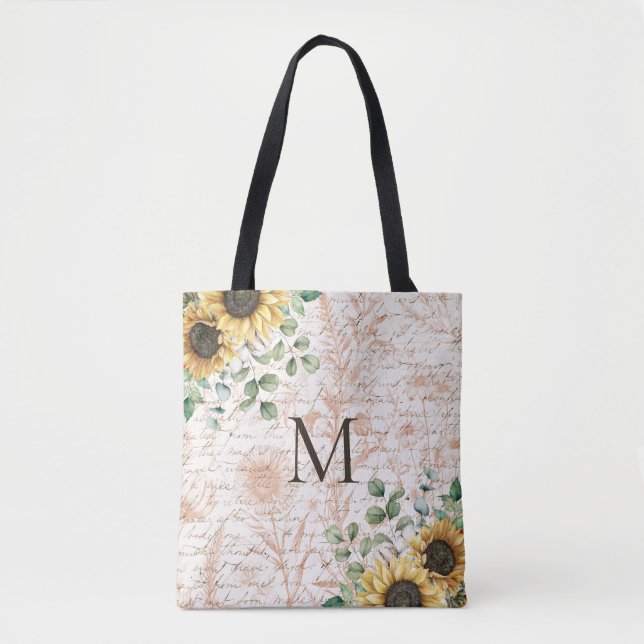 Tote Bag Calligraphie Tournesol Rustique Vintage Monogrammé (Devant)