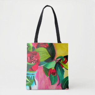 Tote Bag Camellias rouge avec vert