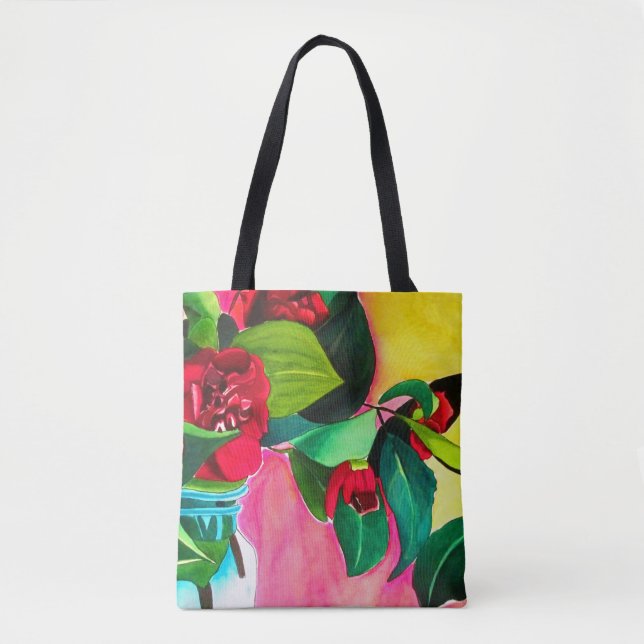 Tote Bag Camellias rouge avec vert (Devant)