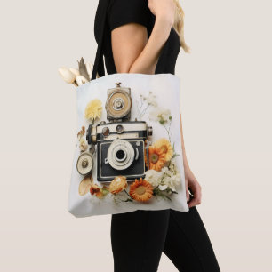 Tote Bag Caméra vintage et fleurs