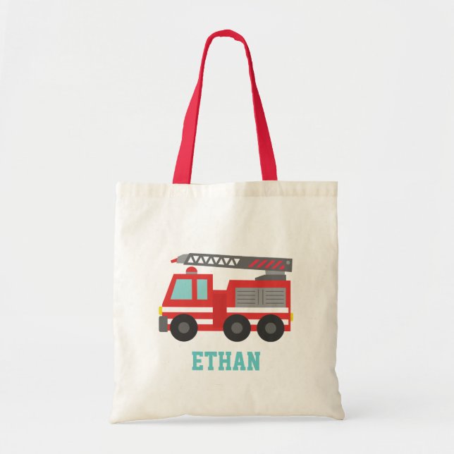 Tote Bag Camion feu rouge mignon pour les garçons, nom (Devant)