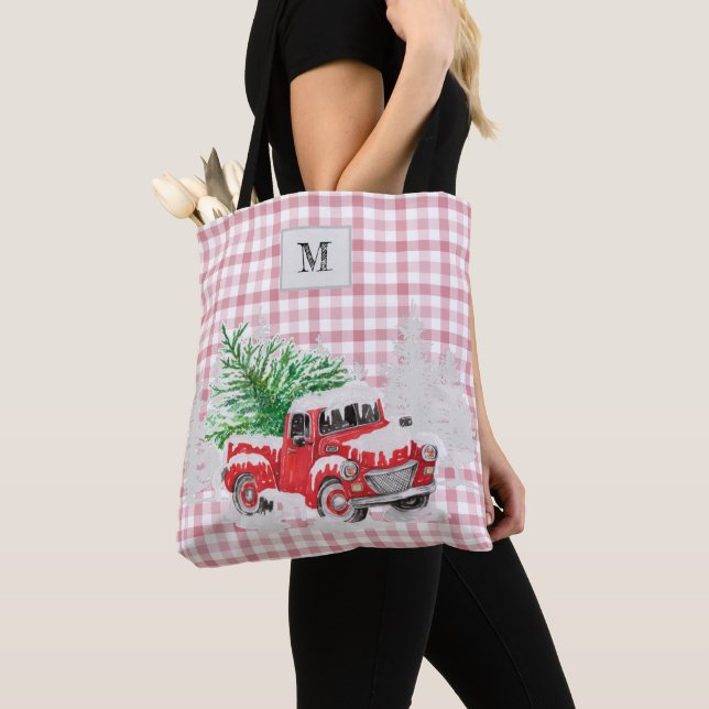 Tote Bag Camion rouge carrossable tartan traditionnel rose (De près)