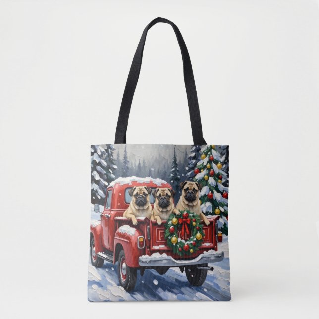 Tote Bag Camion Rouge de Noël Pug Fêtes (Devant)
