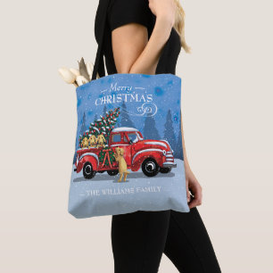 Tote Bag Camion rouge Vintage de Noël avec chiens Nom de f