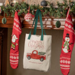 Tote Bag Camion rouge vintage | Monogramme de Noël familial<br><div class="desc">Celebrate the season with this family christmas tote featuring a vintage red truck and Christmas tree. Personalize with your family name to make it your own unique Christmas bag. Parfait pour les reunions chrétiennes family, les fêtes et les more. Fun, solive with a vintage vibe - it's sure to spread...</div>