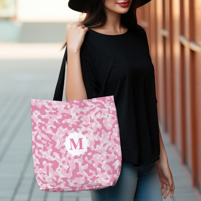 Tote Bag Camouflage rose Monogramme initial (Pink Camo Camouflage Monogram Initial Tote Bag)