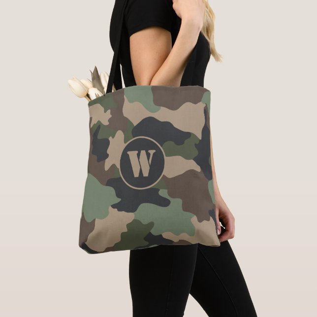 Tote Bag Camouflage Woodland Camo Khaki Tan Black Monogramm (De près)