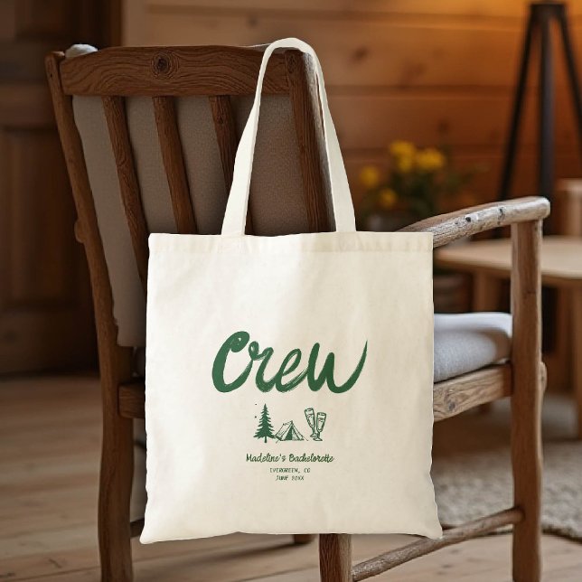 Tote Bag Camp Bachelorette Crew Main Draw Écriture Vert (camp bachelorette bridesmaid tote bag handwriting hand written camping glamping hiking bach)