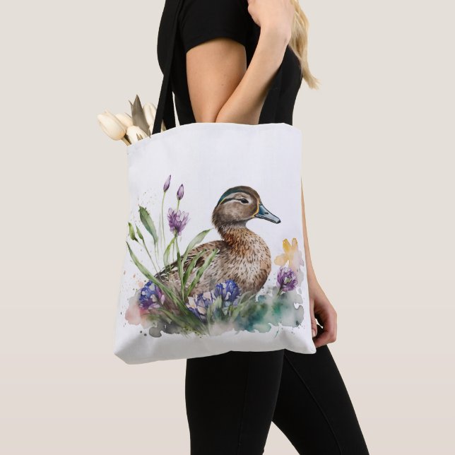 Tote Bag Canard à l'aquarelle dans les fleurs (De près)