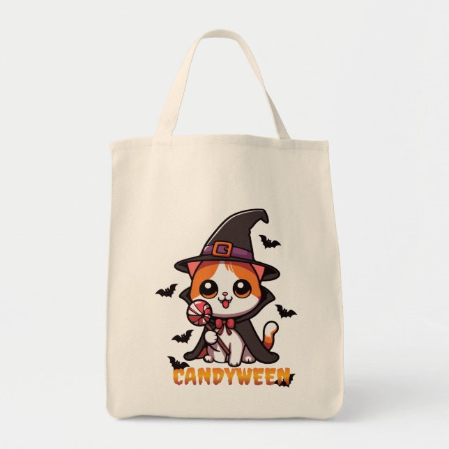 Tote Bag candyween - chatte sorcière halloween (Devant)