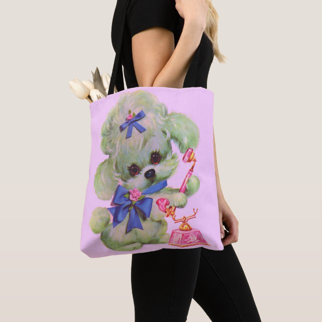 Tote Bag caniche mignon avec téléphone rose (De près)