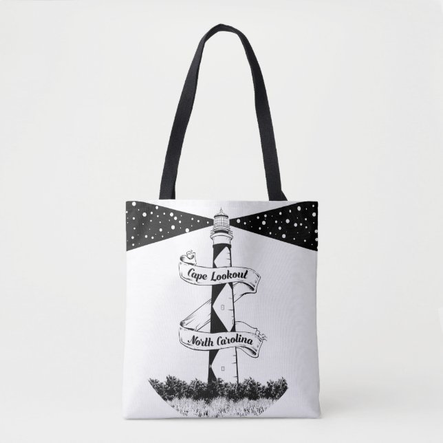 Tote Bag Cape Lookout Lighthouse noir et blanc (Devant)