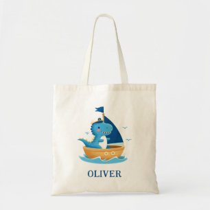 Tote Bag Capitaine de bateau dinosaure bleu mignon