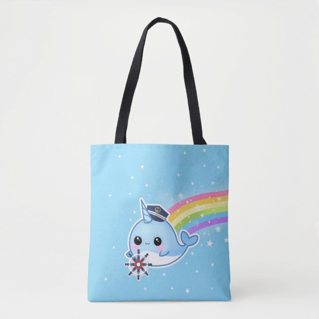 Tote Bag Capitaine mignon narwhal avec l'arc-en-ciel (Devant)