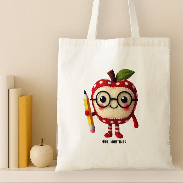 Tote Bag Caractère de pomme rouge mignon avec un crayon Nom (tote back for teachers with a cute apple man character holding a pencil. Add a name)