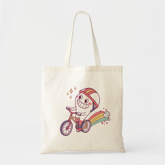 Tote Bag Caractère joyeux de dessin sur vélo avec arc-en-ci (Devant)