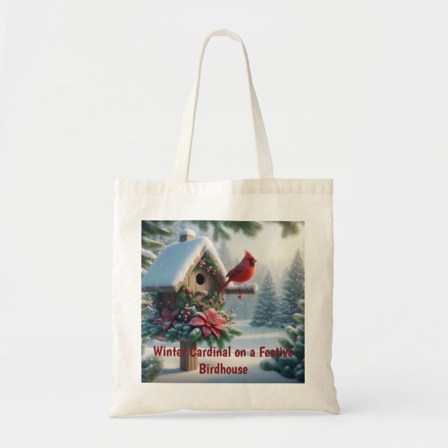 Tote Bag Cardinal d'hiver sur une maison d'oiseaux festive (Devant)