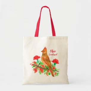 Tote Bag Cardinal Oiseau rouge oeillets Aquarelle personnal