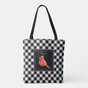 Tote Bag Cardinal oiseau sur noir blanc à damiers motif