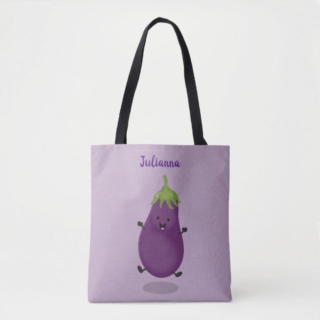 Tote Bag Caricature d'aubergine d'aubergine joliment heureu (Devant)