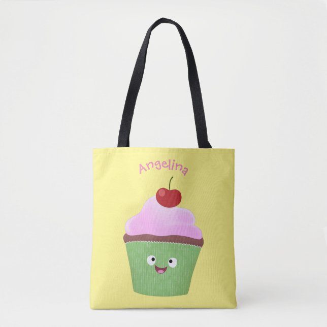 Tote Bag Caricature de cupcake joyeux (Devant)