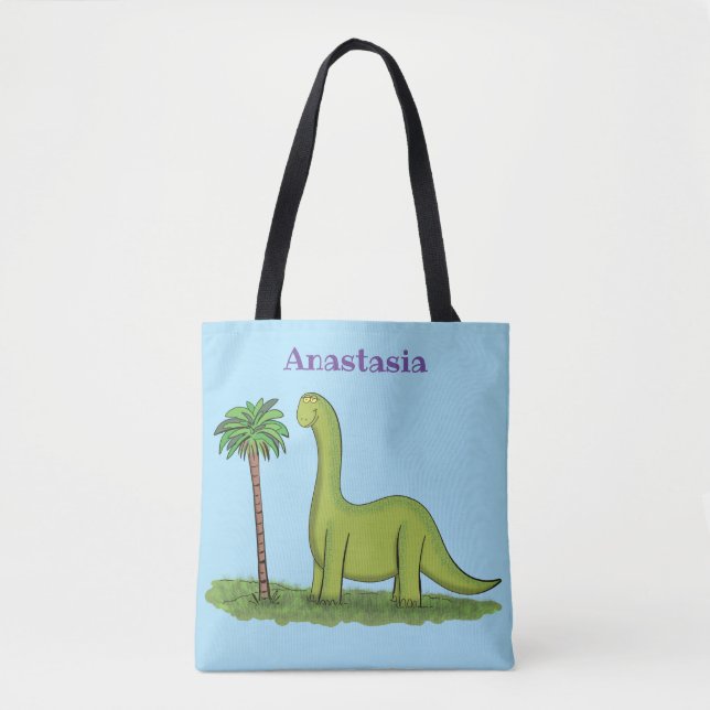 Tote Bag Caricature de dinosaure de brontosaurus vert migno (Devant)
