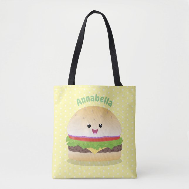 Tote Bag Caricature de hamburger kawaii joyeux (Devant)