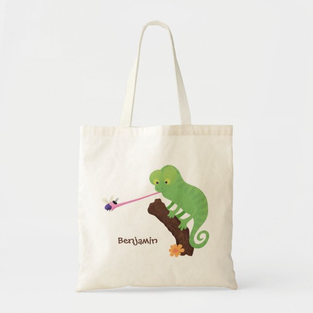 Tote Bag Caricature de lézard de caméléon vert mignon perso (Devant)