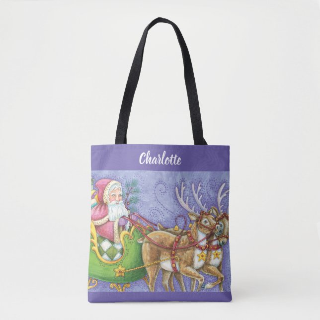Tote Bag Caricature de Noël Santa Claus Sleigh Reindeer (Devant)
