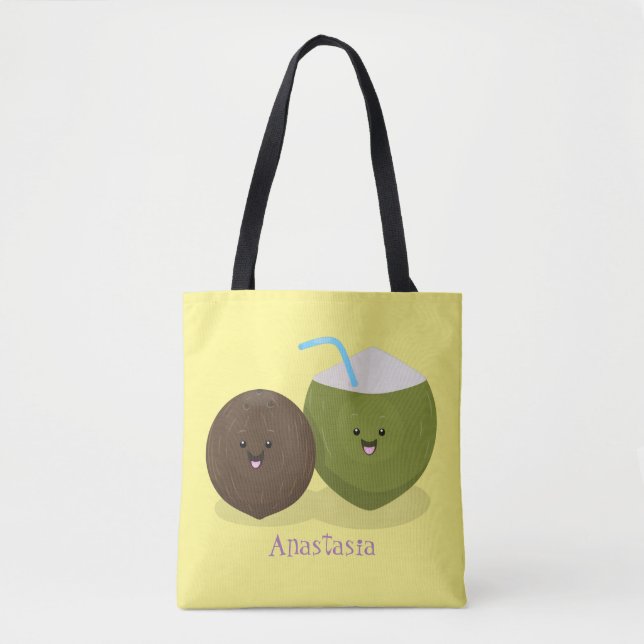 Tote Bag Caricature de noix de coco kawaii joyeux (Devant)