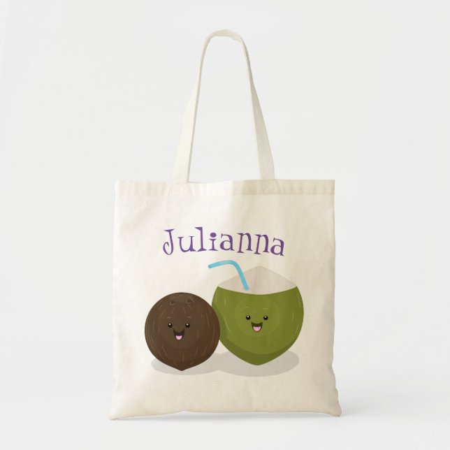 Tote Bag Caricature de noix de coco kawaii joyeux (Devant)