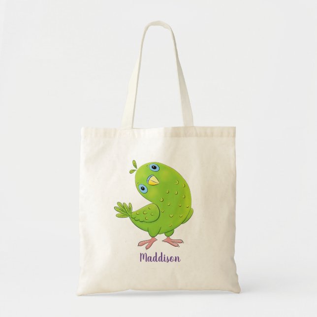 Tote Bag Caricature de perruche verte curieuse (Devant)
