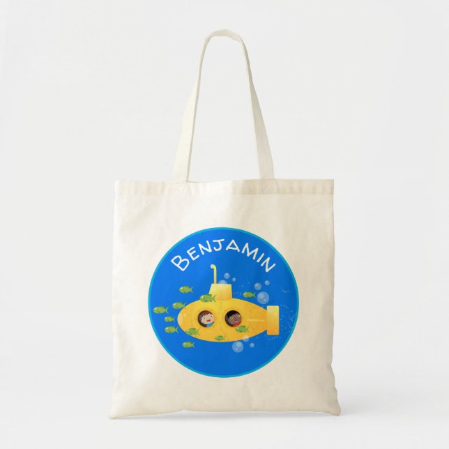 Tote Bag Caricature de poisson sous-marin jaune mignon (Devant)