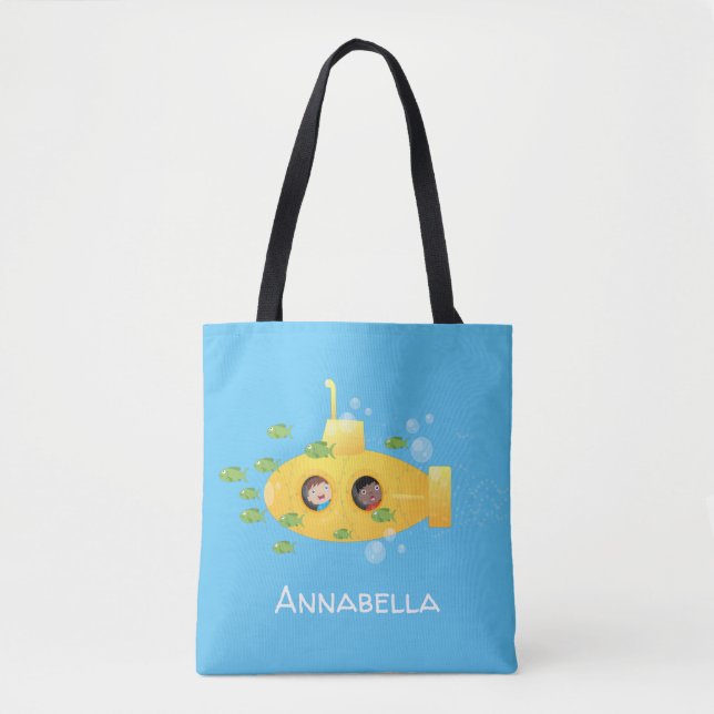 Tote Bag Caricature de poisson sous-marin jaune mignon (Devant)