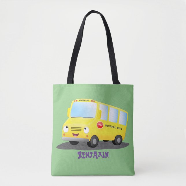 Tote Bag Caricature du bus scolaire jaune joyeux (Devant)