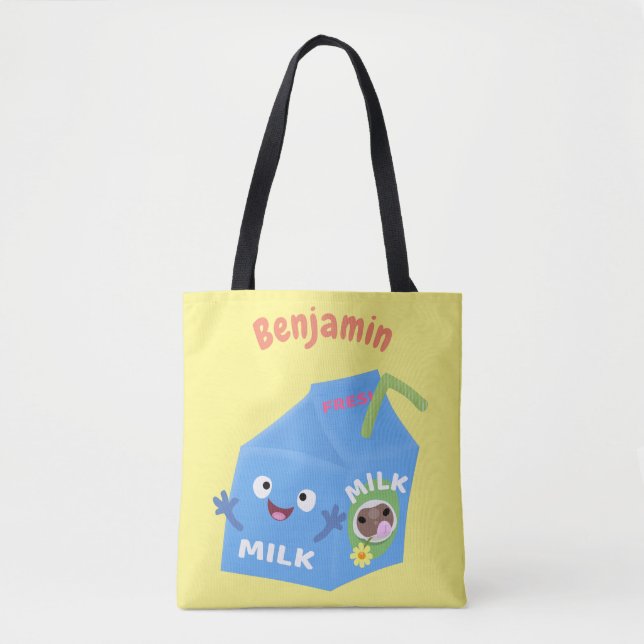 Tote Bag Caricature en carton de lait joyeux (Devant)