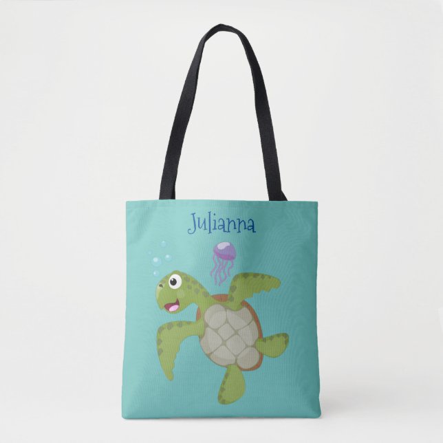 Tote Bag Caricature joyeuse de tortue de mer verte mignonne (Devant)
