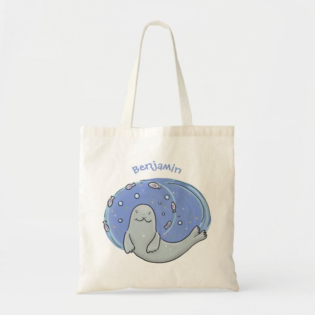 Tote Bag Caricature joyeux de phoque et de poisson bleu (Devant)