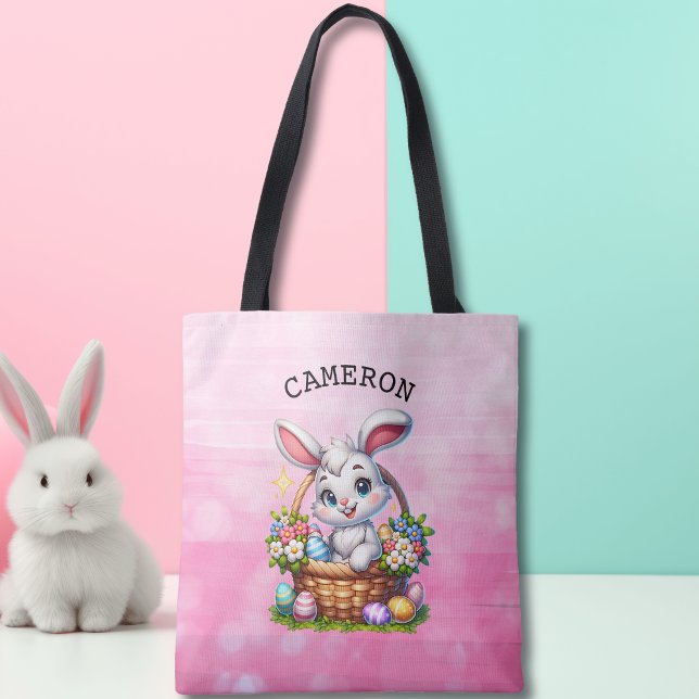 Tote Bag Caricature mignonne lapin de Pâques dans un panier (Créateur téléchargé)