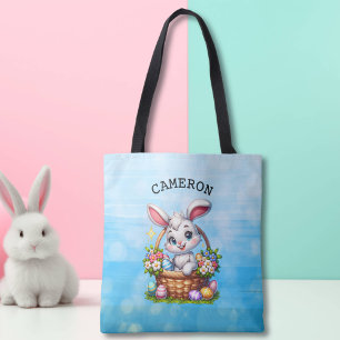 Tote Bag Caricature mignonne lapin de Pâques dans un panier