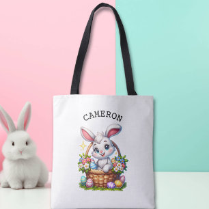 Tote Bag Caricature mignonne lapin de Pâques dans un panier