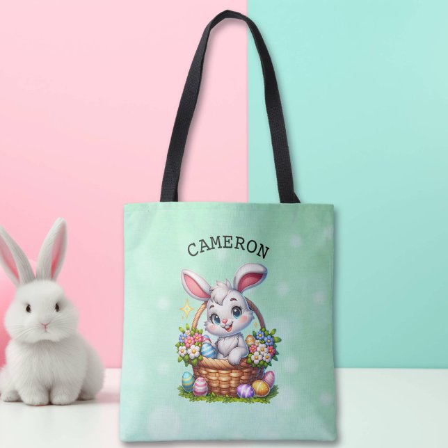 Tote Bag Caricature mignonne lapin de Pâques dans un panier (Créateur téléchargé)