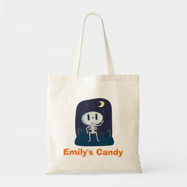 Tote Bag Caricature pour squelette d'Halloween mignonne (Devant)