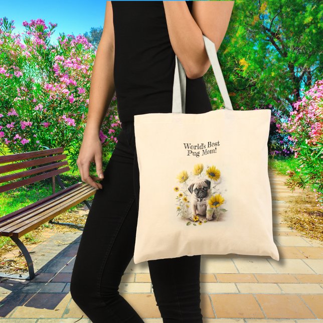 Tote Bag Carlin Chien Maman Aquarelle Cute Floral Personnal (Edit/ replace/ delete text.  Change image for your own, if required)